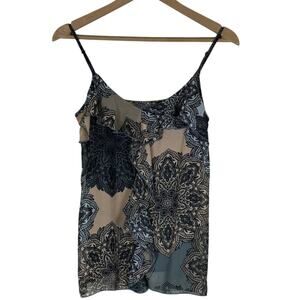 New York & Company Tank Top Womens S Gray Beige Abstract Ruffle Chiffon Boho
